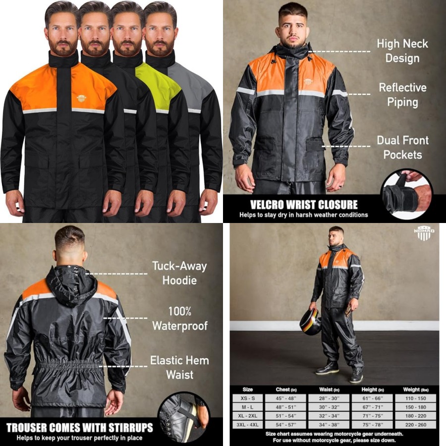 Motorcycle Gear Hoodie - Waterproof Motorcycle Rain Suit, 2-Piece Reflective
